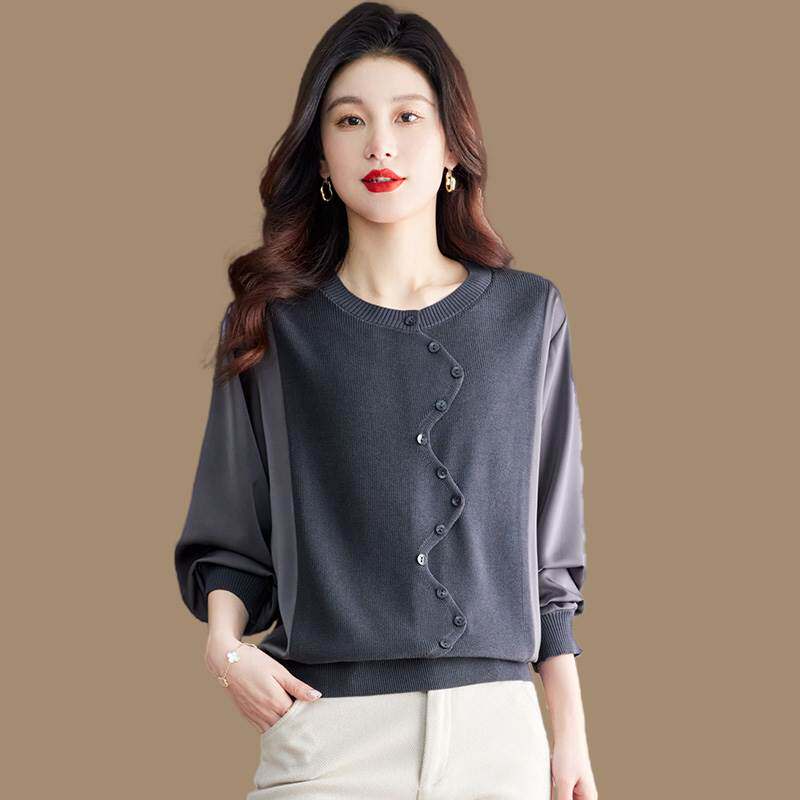 桑蚕丝上衣针织衫拼接春秋薄款宽松妈妈小衫设计感小众冰丝打底衫