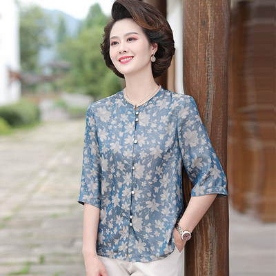 衬衣老人衣服妈妈桑蚕丝T恤上衣