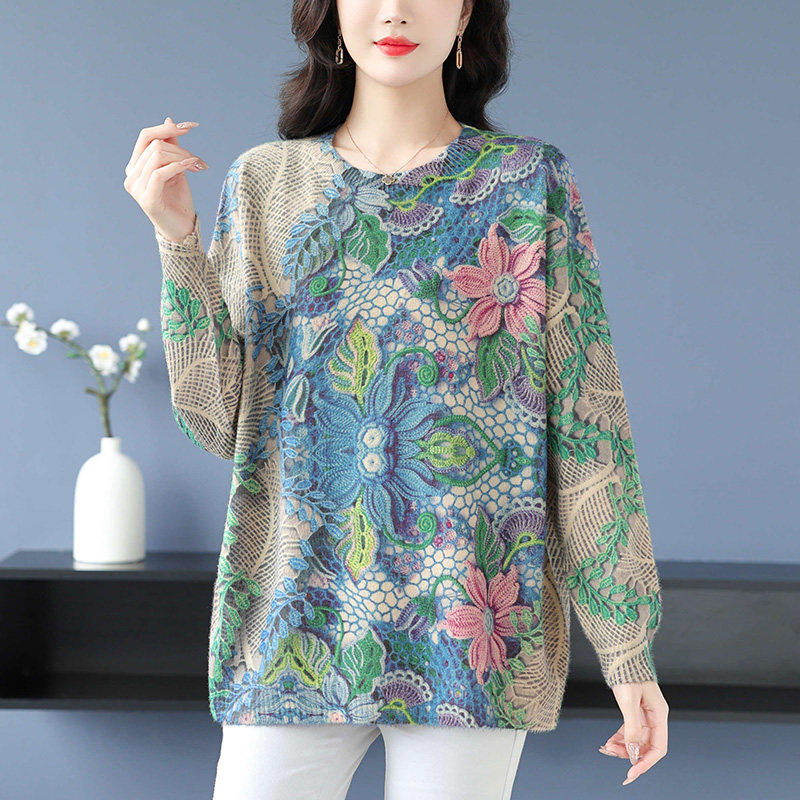 妈妈冬装打底衫遮肚子显瘦洋气大码女装2025新款印花毛衣时尚高贵