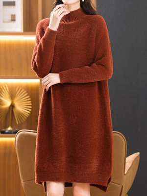胖mm加厚中长款纯色水貂绒毛衣连衣裙冬季洋气打底软糯针织长裙子