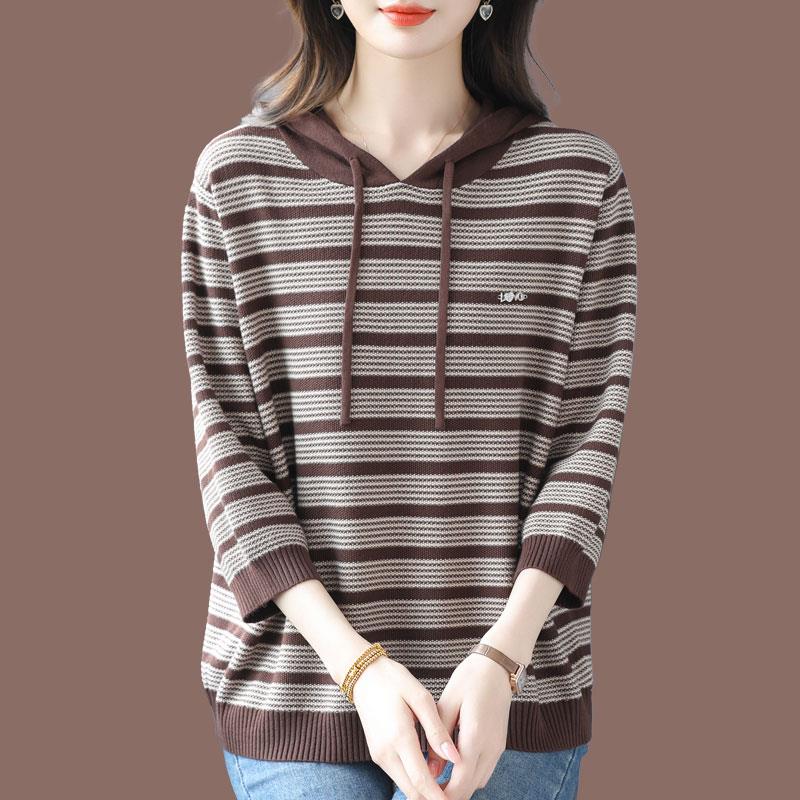胖mm220斤条纹连帽桑蚕丝T恤女春秋七分袖宽松显瘦冰丝针织衫上衣