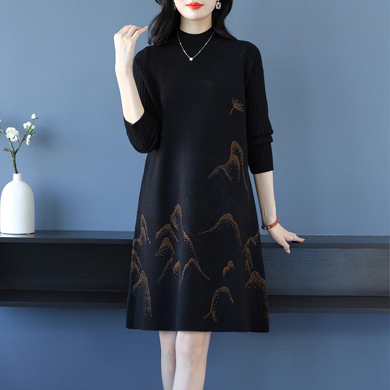 半高领毛衣女秋冬中长款打底衫绣花羊毛衫宽松大码女装妈妈A字裙