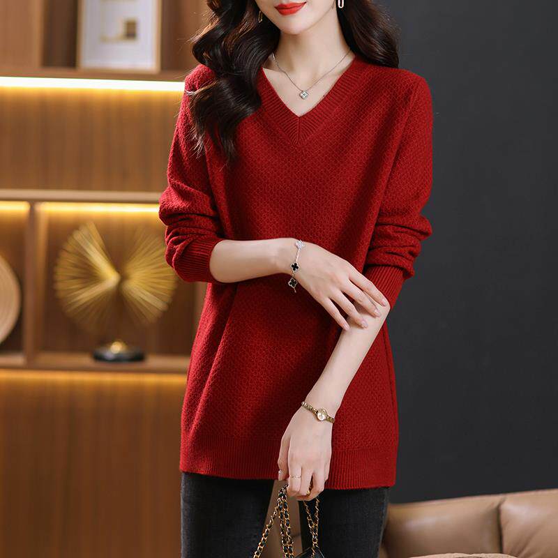 鸡心领毛衣女秋冬中长款打底衫宽松大码女装妈200斤胖妹妹羊毛衫