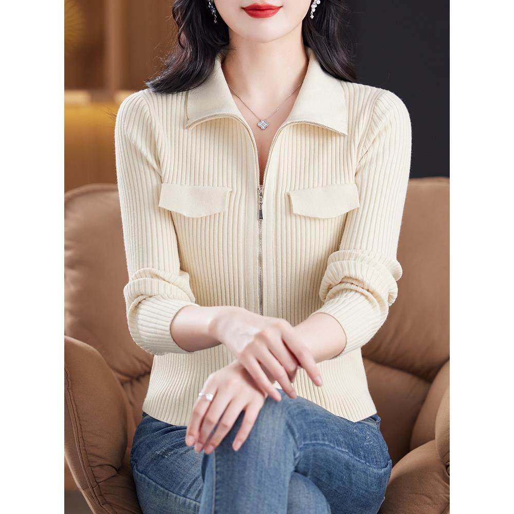 双拉链翻领短款羊毛开衫女秋冬季小个子显瘦上衣外搭针织毛衣外套