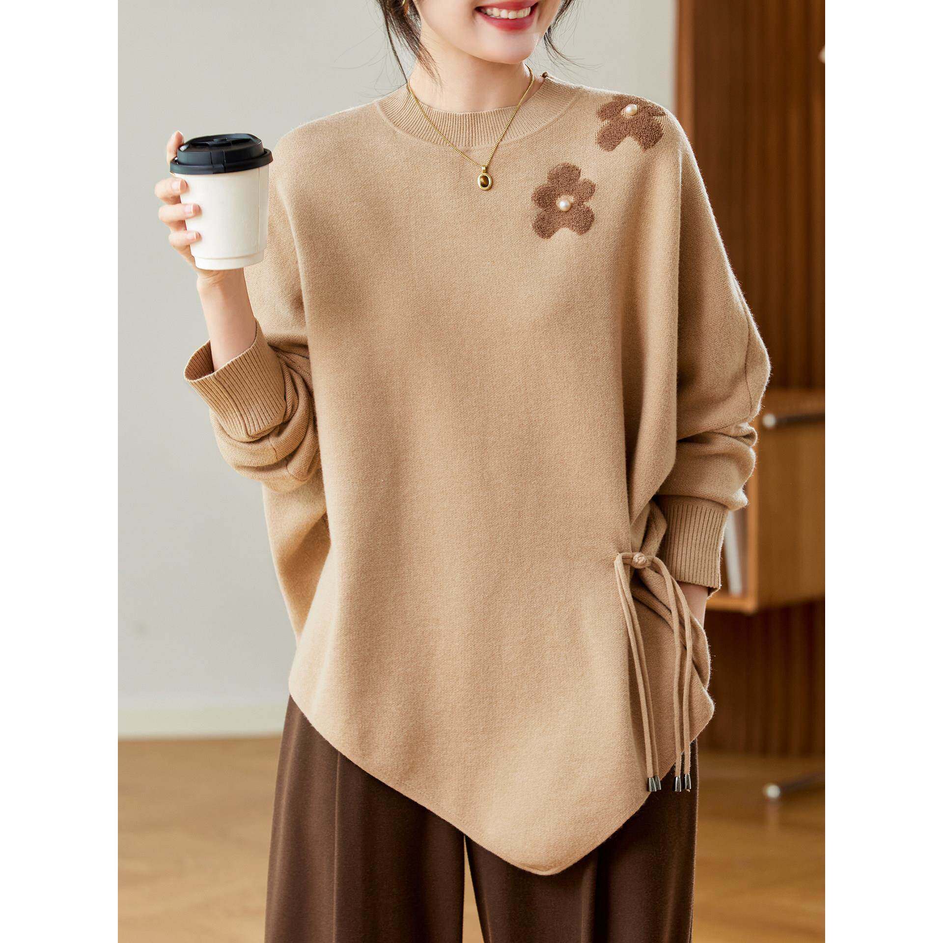 大码女装中长款毛衣宽松针织打底衫中年胖妈妈装洋气慵懒风羊毛衫