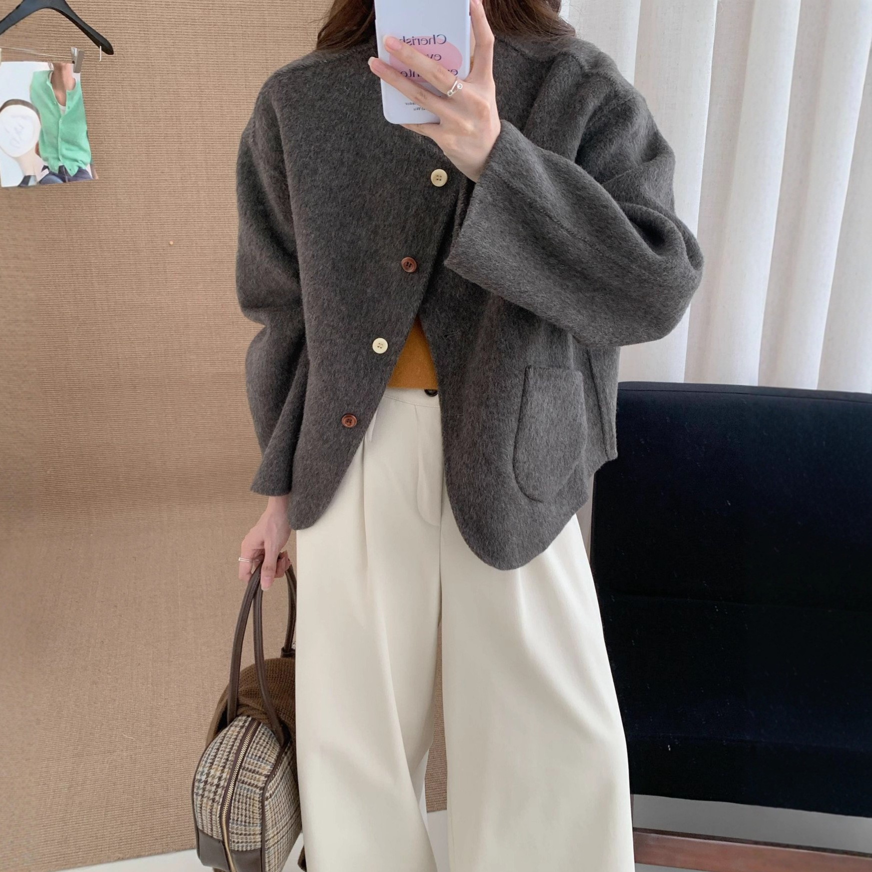2025秋冬双面羊毛大衣女短款羊绒宽松小个子小香风羊毛呢短外套