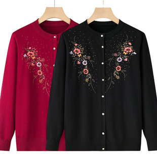 中老年人妈妈入秋薄款外套毛衣针织衫开衫上衣圆领绣花奶奶开扣衫