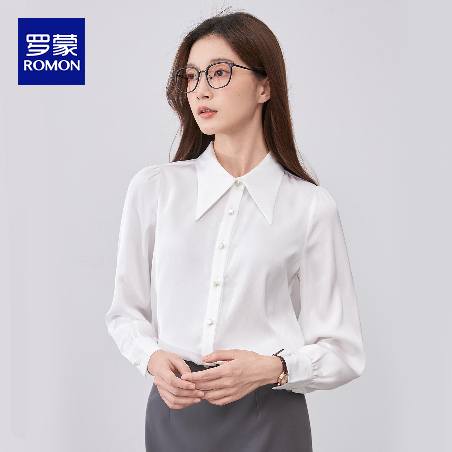 罗蒙白色衬衫女长袖职业装