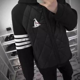 秋冬季棉衣外套拼接帆船四条杠保暖连帽棉服潮牌刺绣休闲夹克男女