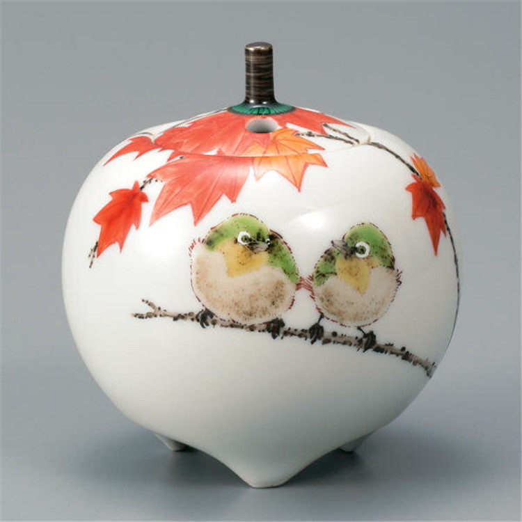 日本代购 九谷烧陶瓷器 红叶 摆件 香薰炉 二雀图 中村陶志人作
