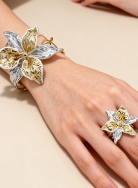 欧美小众个性夸张滴油白金撞色花朵戒指复古轻奢时尚高级感指环女