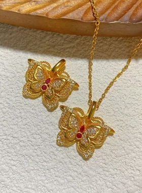 金店同款古法沙金时尚百搭仿真金高保色久不掉色玲珑花蝶项链镂空