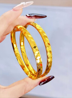 高级感沙金仿真金黄金色镯子实心明星同款古法爆闪立体福字手镯