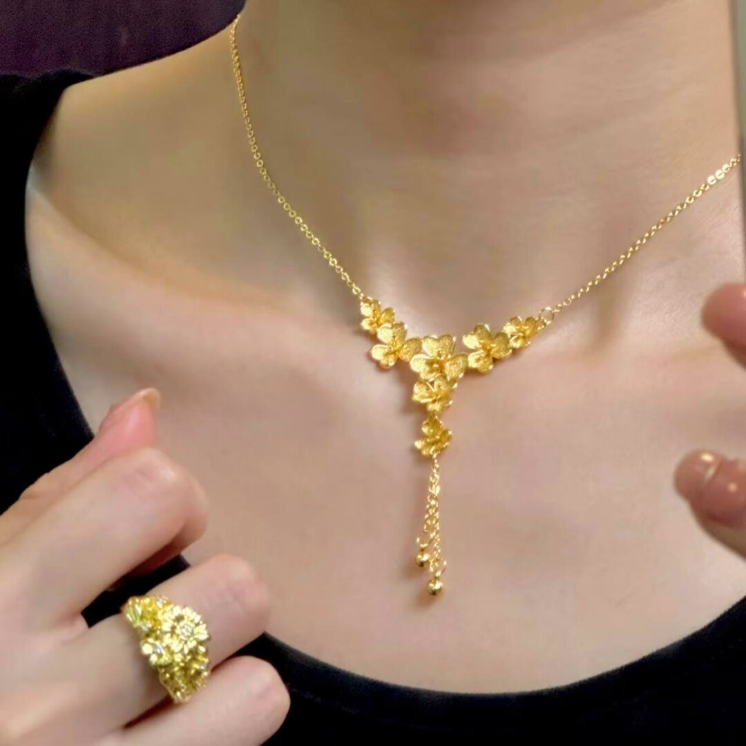 黄金色古法三生花流苏吊坠毛衣链女轻奢锁骨链高端项链简约沙金图片