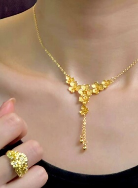 黄金色古法三生花流苏吊坠毛衣链女轻奢锁骨链高端项链简约沙金