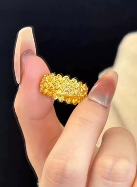 沙金简约镂空花朵戒指女款轻奢高级感指环手饰金色时尚款女士调节