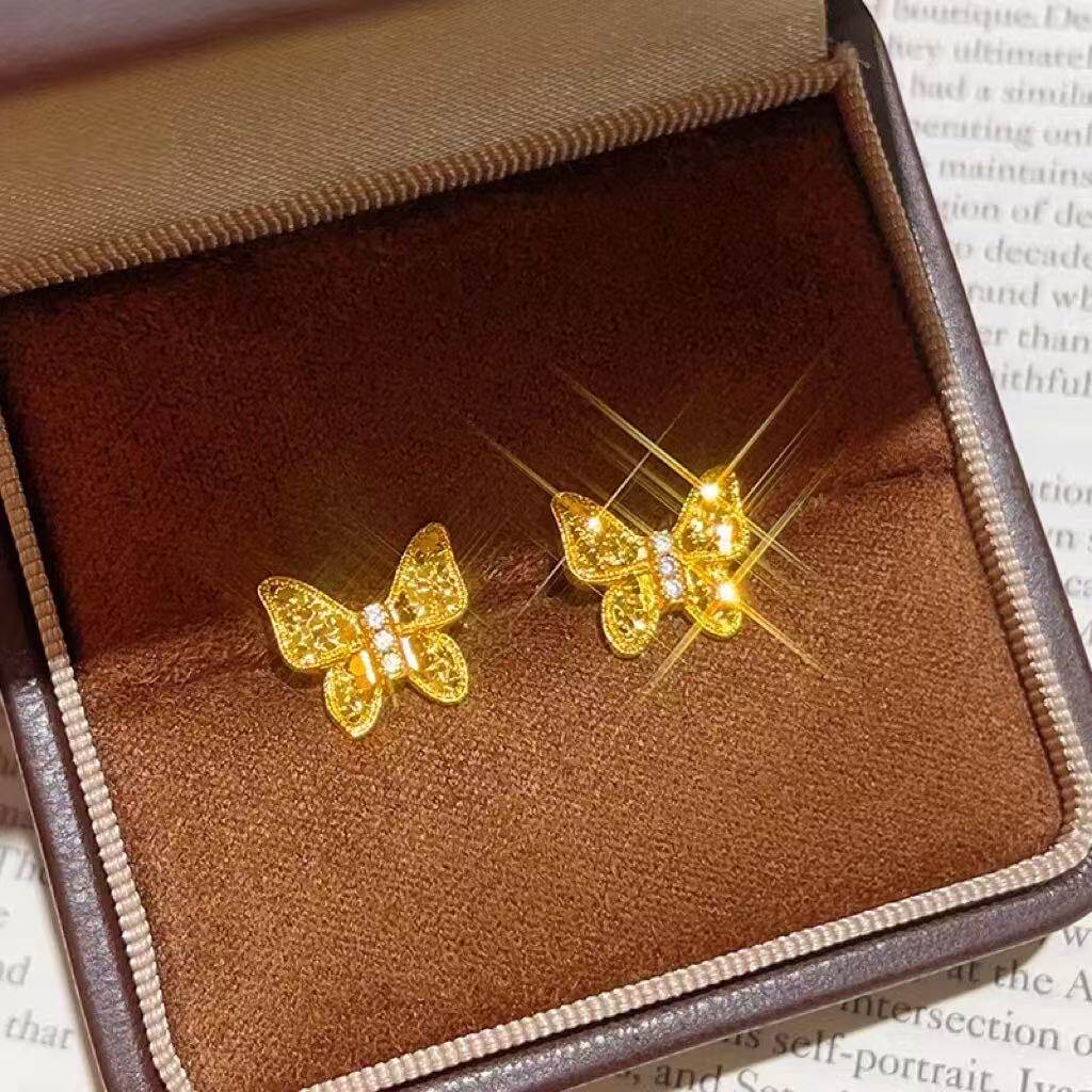 金店同款沙金仿真金碎金蝴蝶耳钉女款轻奢小众设计百搭耳饰耳环