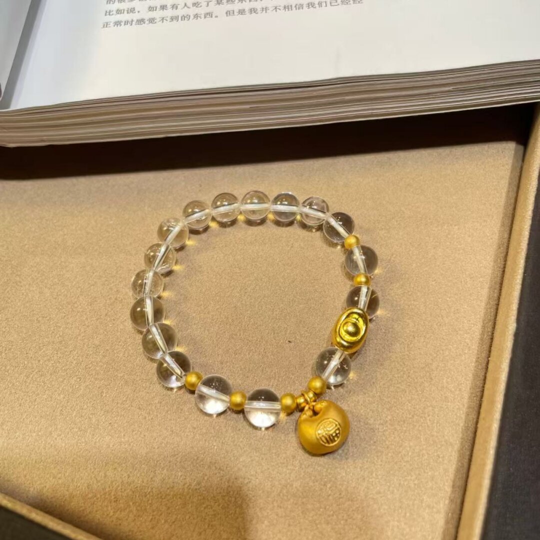 金店同款沙金女高级感手饰黄金色手串精致百搭白水晶元宝手链饰品图片