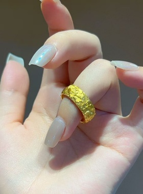 金店同款黄金色沙金轻奢篆刻牡丹花开口戒指女黄金色开口高级感