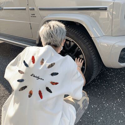 美式复古羽毛印花短袖男女款夏季重磅情侣t恤cleanfit半截袖