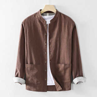 纯色简约棉麻衬衣透气上衣男装 国风中式 长袖 男士 休闲立领亚麻衬衫