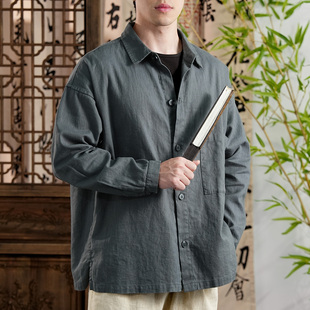 复古透气休闲宽松长袖 苎麻外套翻领棉麻男式 草民外套 春秋男士 新款