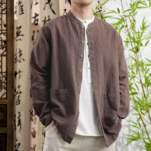 上衣唐装 草民麻衣棉麻外套新中式 苎麻男式 立领国风休闲衬衫 男装