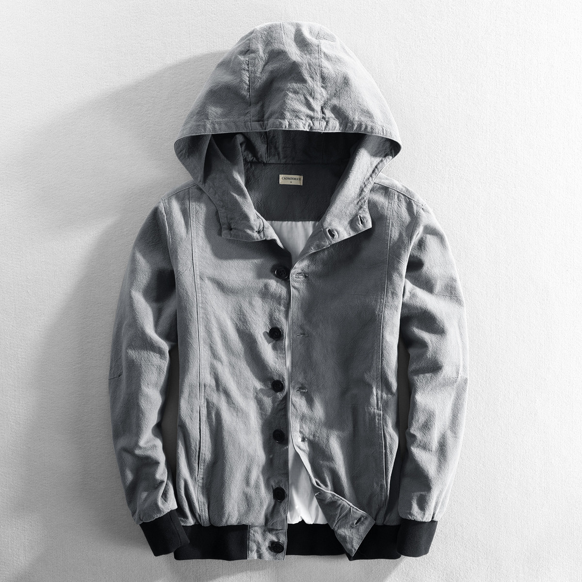 清仓连帽休闲棉麻夹克外套男士夏季宽松青年潮流纯色纽扣亚麻外套