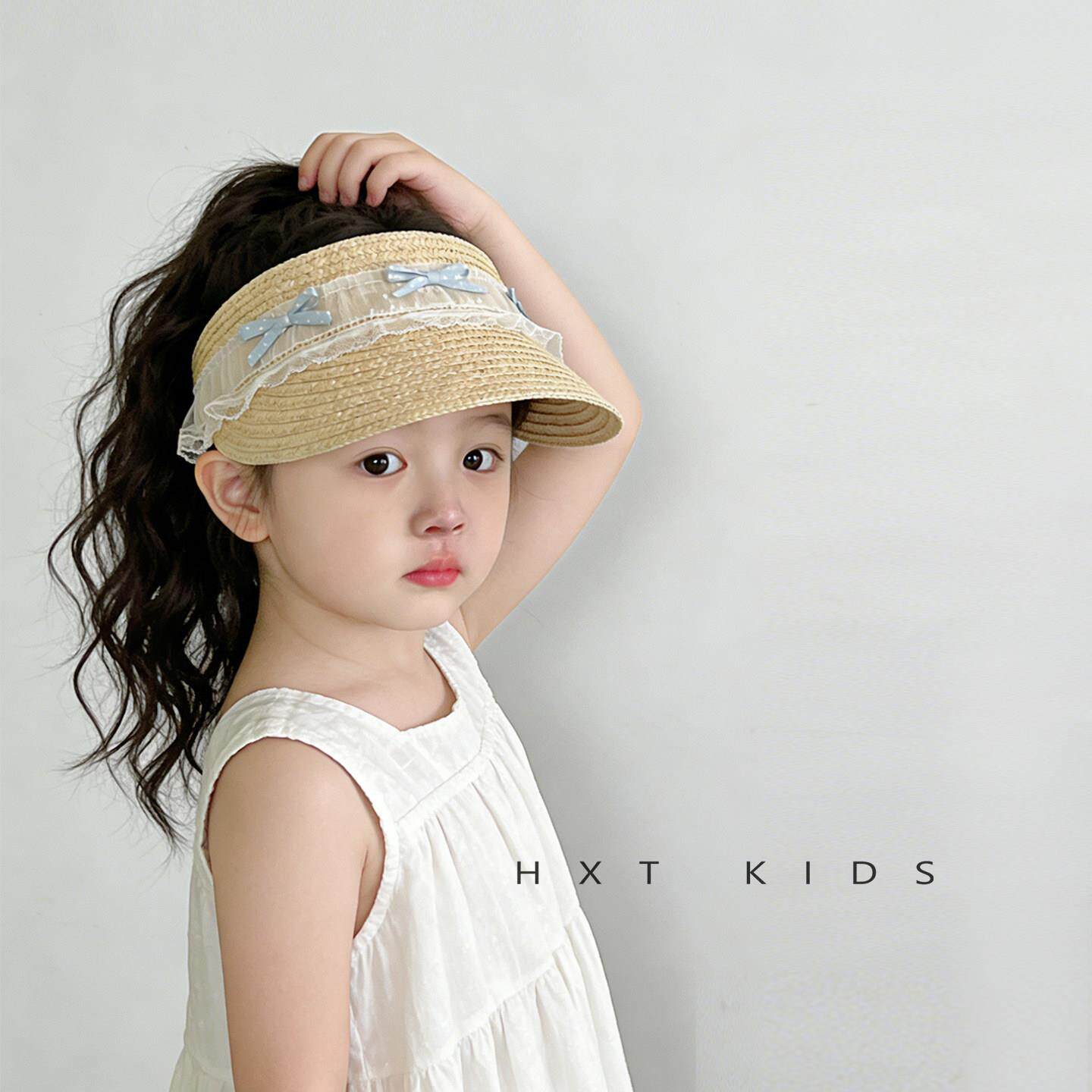 儿童空顶帽夏季大帽檐遮阳手工编织蝴蝶结草帽女宝宝出游防晒帽夏