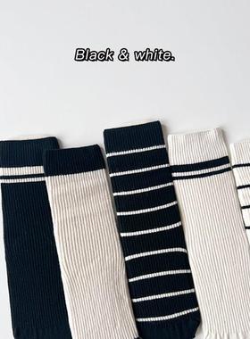 哦哦乐韩国童装秋冬简约黑白条纹堆堆袜 百搭日系加厚中筒保暖羊
