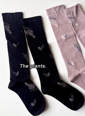 哦哦乐韩国童装森系小腿袜.女士植物提花日系复古秋冬春季棉质吸