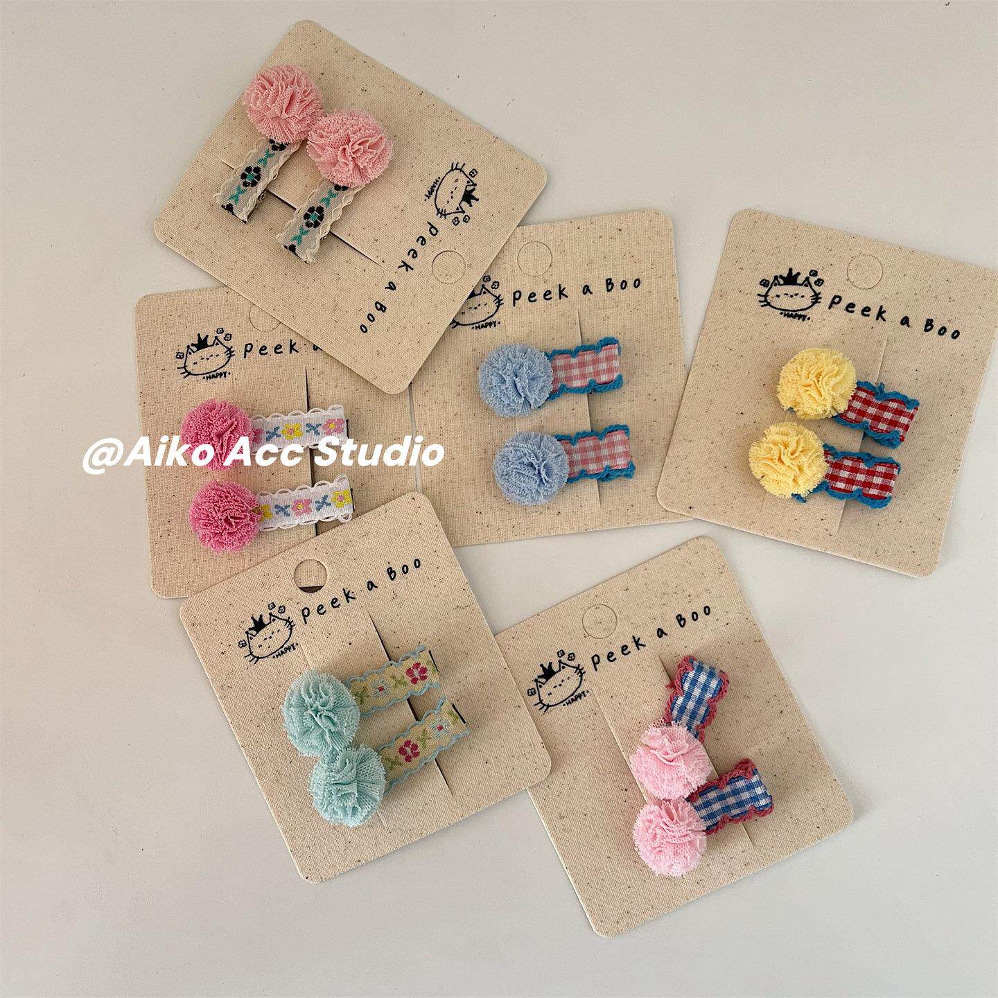 AIKO ACC韩系儿童新款刺绣织带网纱球球撞色奶油色发夹鸭嘴夹刘海