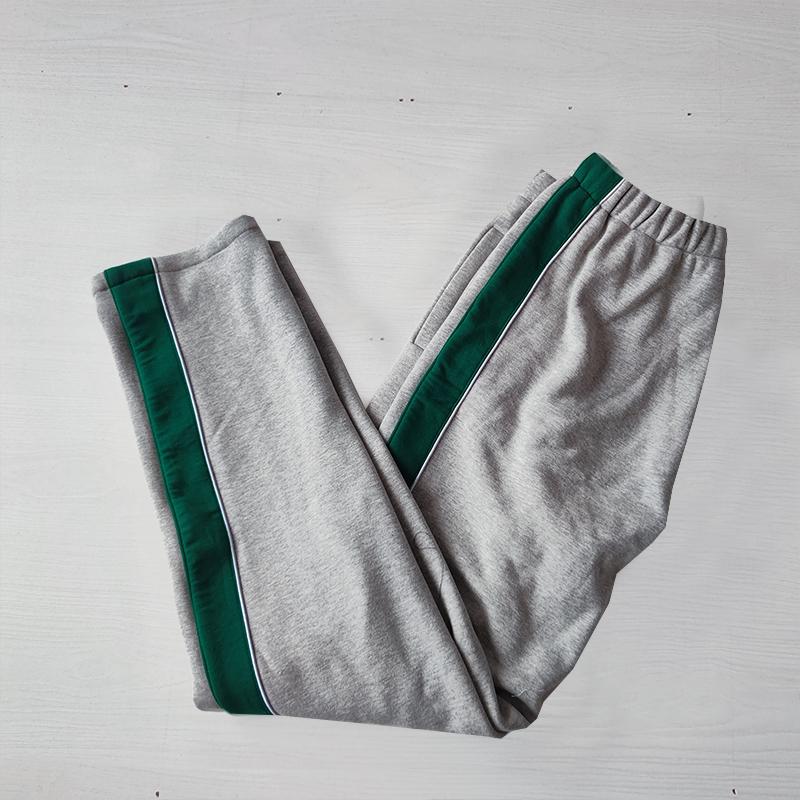 高中小学生男女同款校服裤子浅灰直筒前墨绿宽杠后白绳运动松紧腰