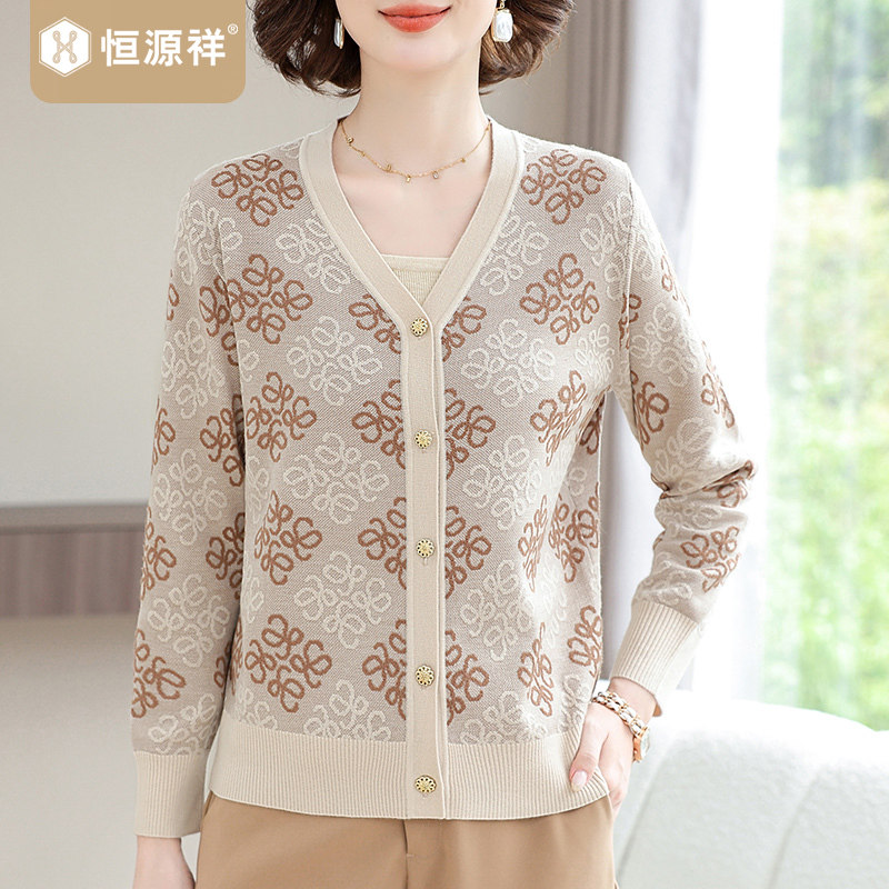 恒源祥妈妈装针织衫上衣50岁中年人女装春秋新款毛衣开衫宽松外套