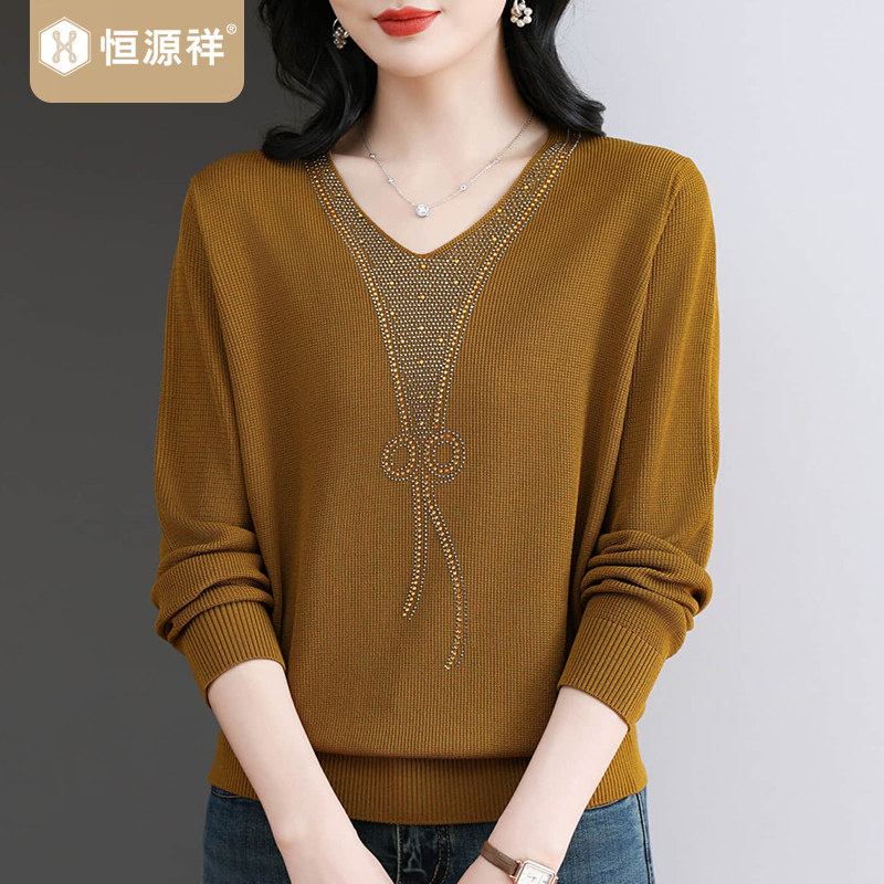 恒源祥洋气V领毛衣女春秋宽松中年妈妈针织衫上衣打底衫冰丝烫钻