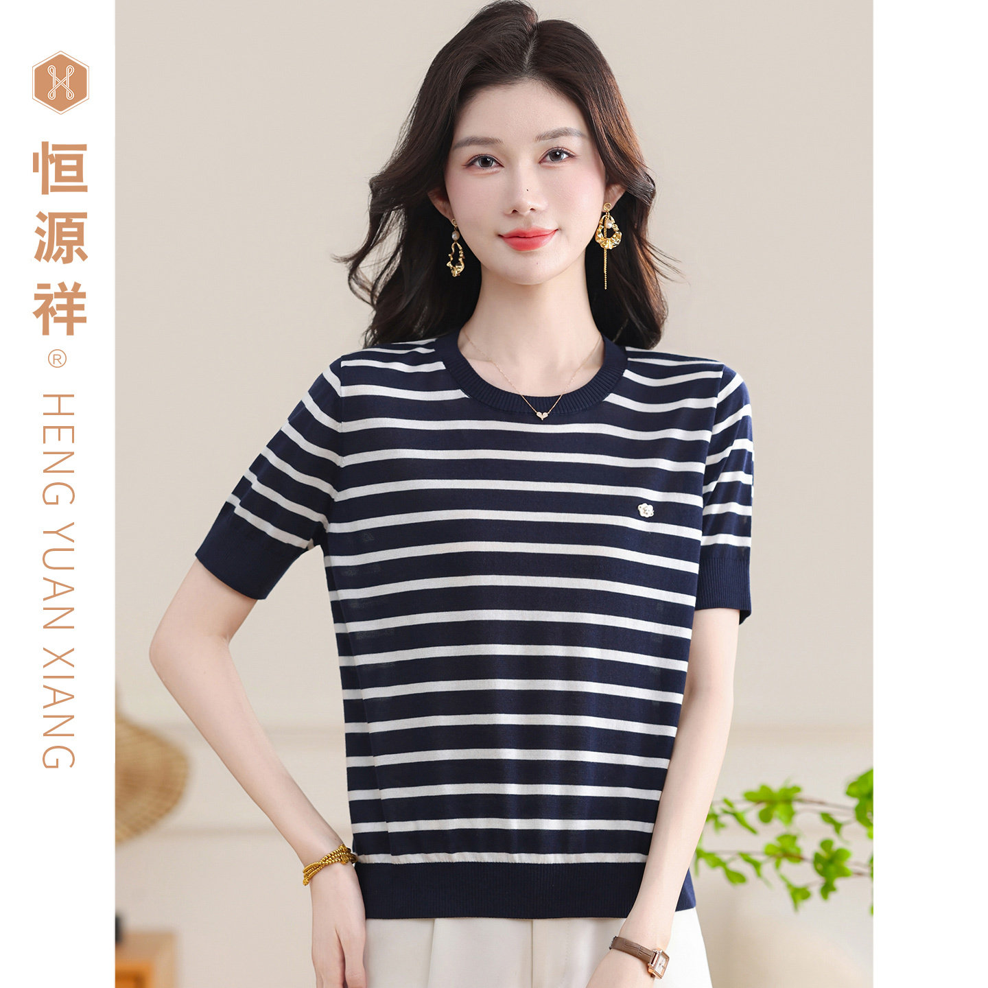 恒源祥条纹针织衫女夏薄款圆领短袖百搭显瘦上衣桑蚕丝通勤风T恤图片