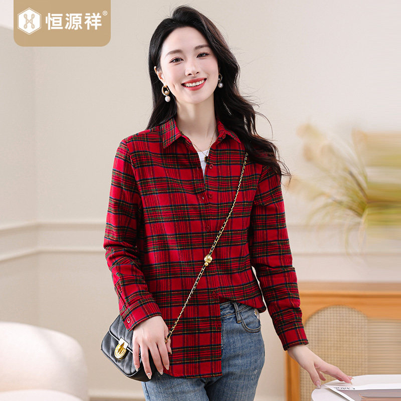 恒源祥日系小清新格子衬衫女纯棉春秋薄宽松学生休闲衬衣上衣外套