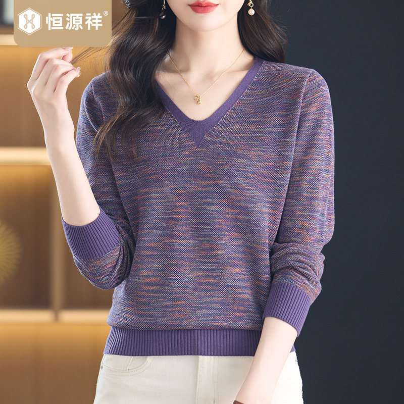 恒源祥中年妈妈洋气花线V领毛衣女春秋新款针织衫宽松打底上衣T恤