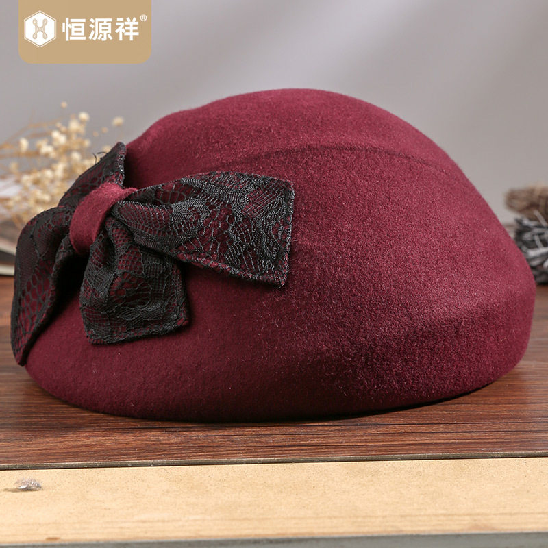 恒源祥100%羊毛帽子女士秋冬季蕾丝蝴蝶结保暖酒红色贝雷帽百搭款