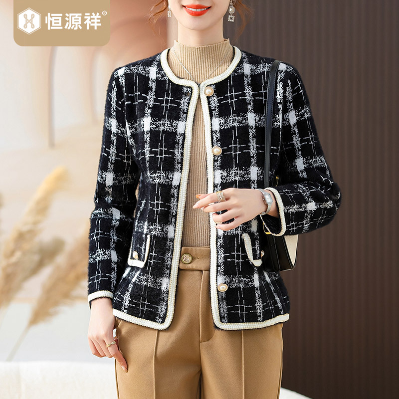 恒源祥妈妈装黑白纹春装外套中年洋气女士格子短大衣针织开衫高贵