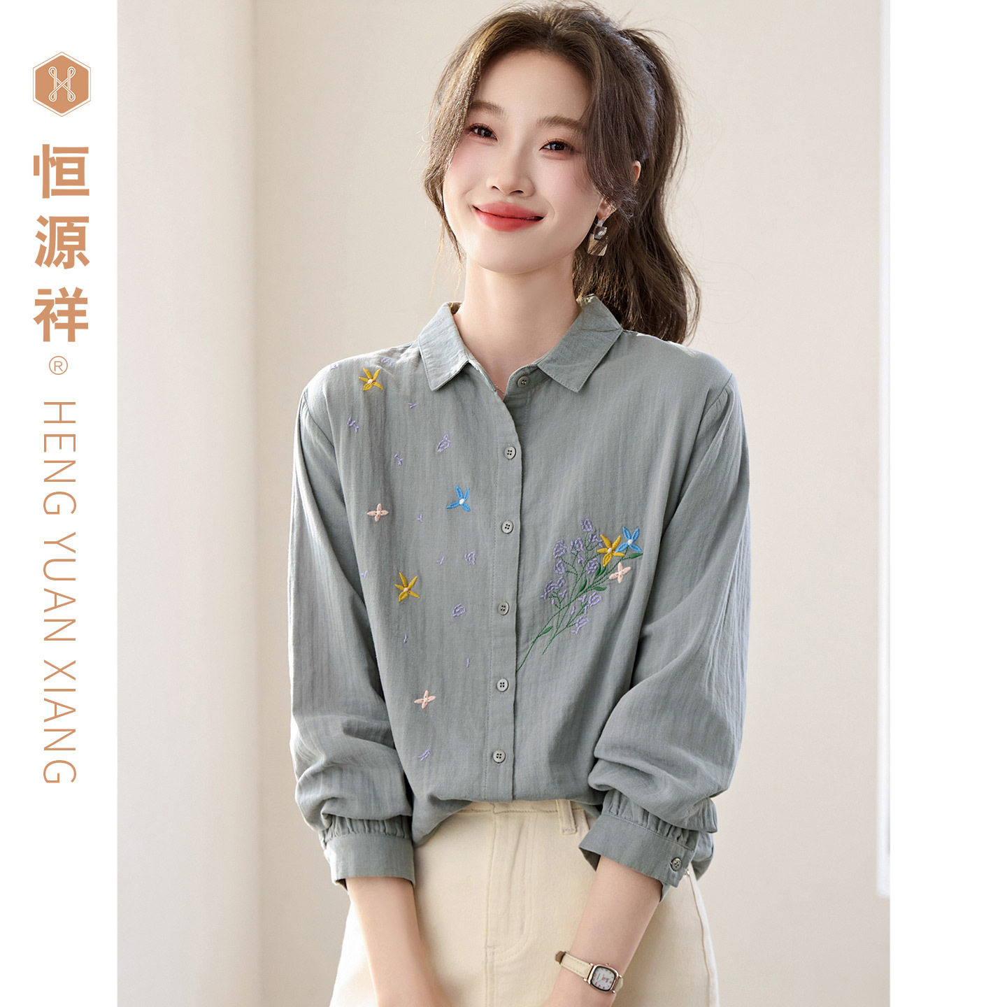 恒源祥纯棉衬衫刺绣方领休闲风长袖宽松扎花开衫棉质女装花卉图案