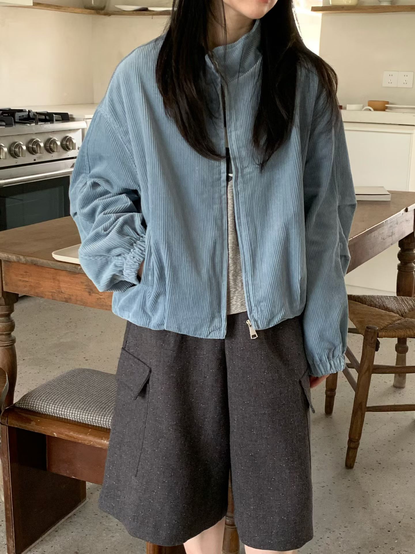 韩版简约百搭灯芯绒短外套女小个短外套