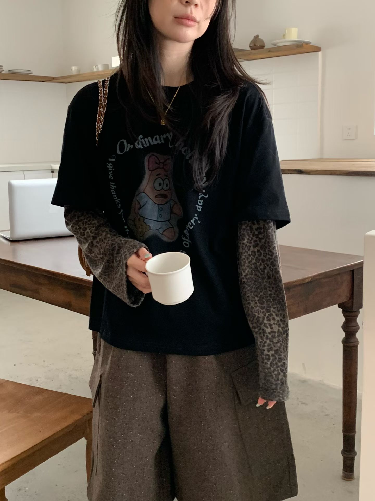韩版卡通印花豹纹长袖拼接假两件T恤女2026秋季新款宽松减龄上衣