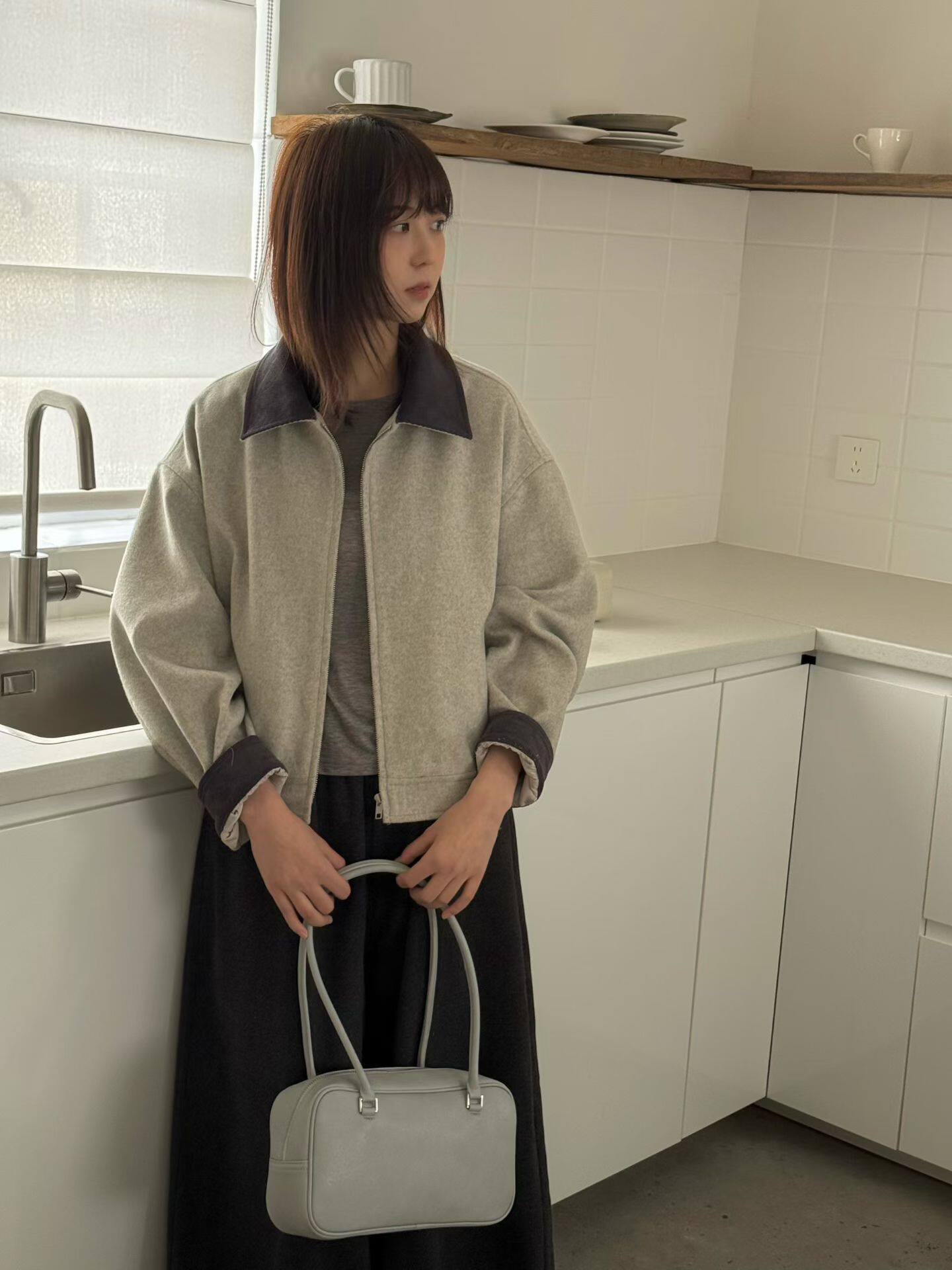 韩版简约百搭撞色翻领羊毛短外套女小个子2026秋季宽松夹克上衣潮