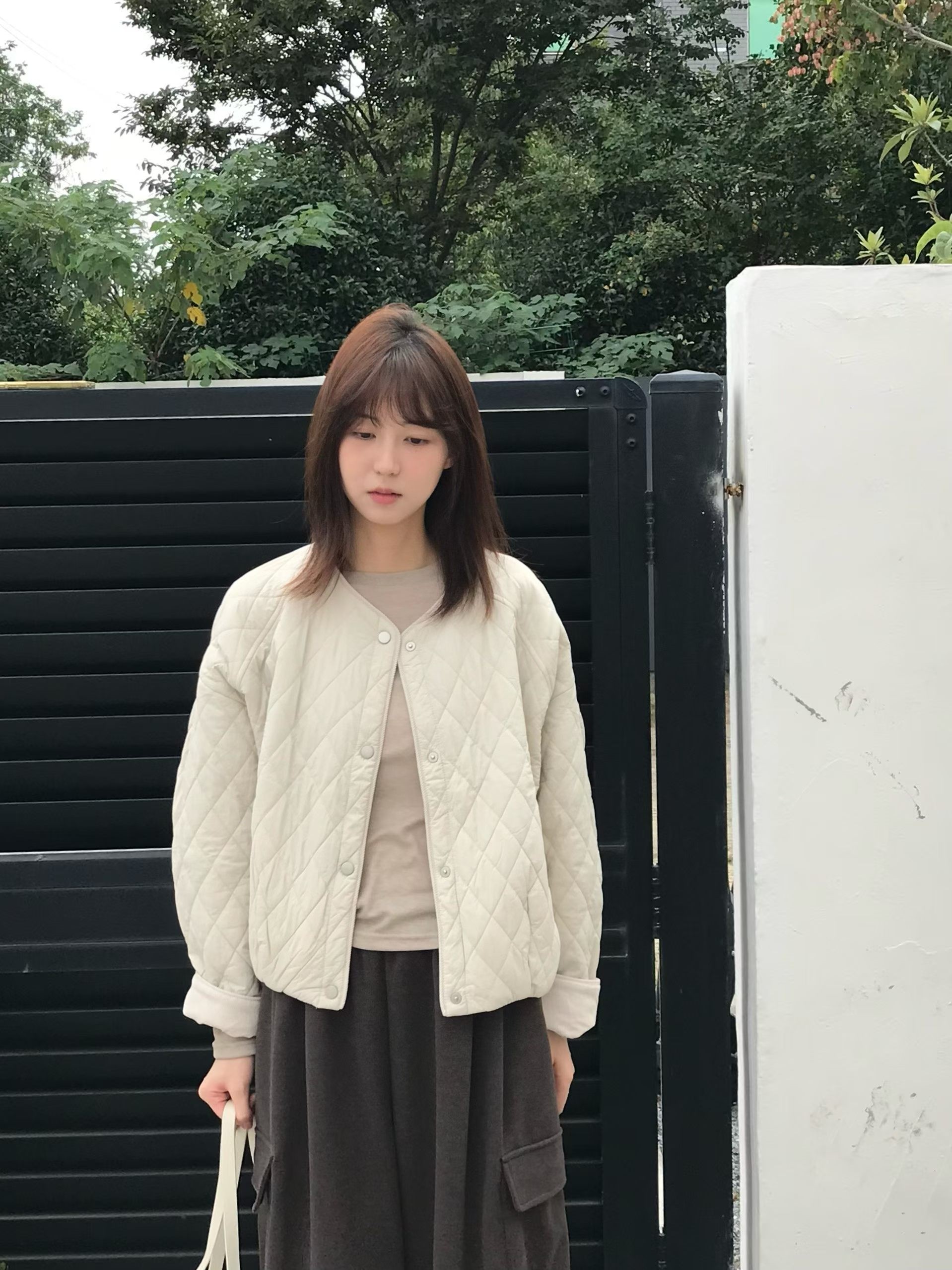 韩版简约百搭菱格短款外套棉衣女小个子2026秋季新款宽松显瘦上衣