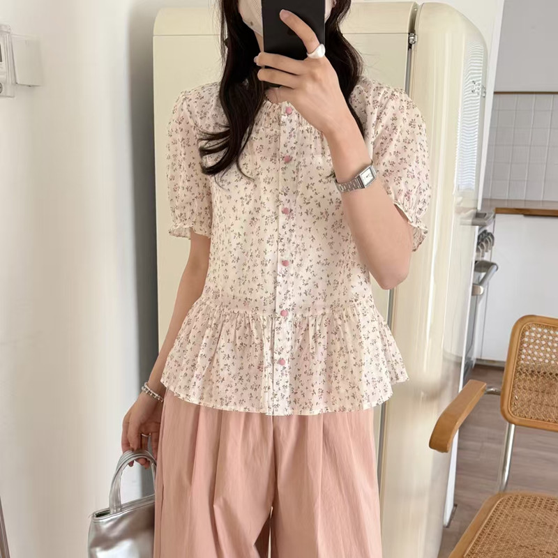韩系甜美碎花短袖衬衫女小个子