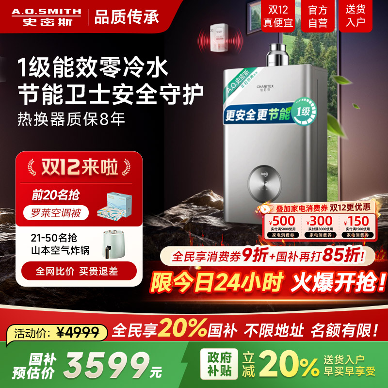 府补贴AO史密斯1级能效TJ3零冷水燃气热水器
