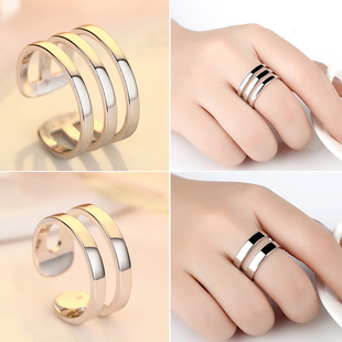 日韩版S925纯银戒指男简约双多层个性三圈开口光面情侣指环尾戒女