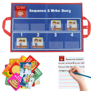 英文作文排序教具英语启蒙故事周期排序卡袋书写练习干擦纸图卡