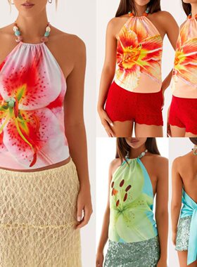 Fashion Sexy Slim Chic Strapless Backless Flower Print Vest
